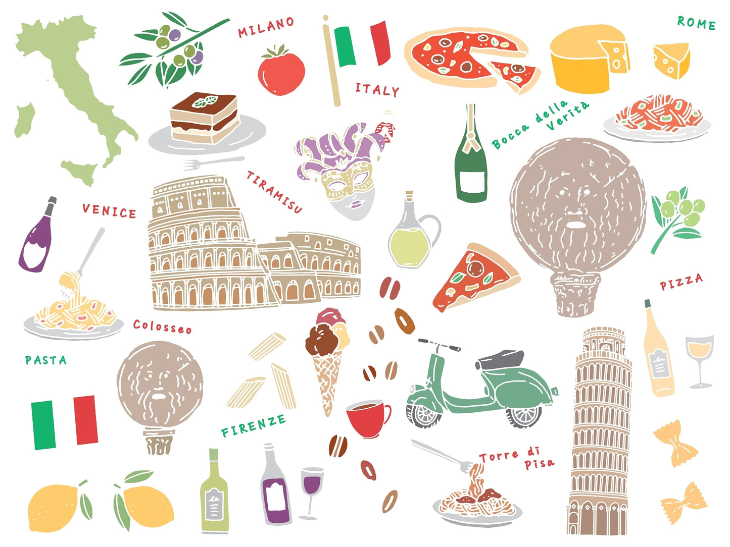 mix of italian imagine, scooter, gelato, coffee, italian flag, tiramisu, pizza, formaggio
