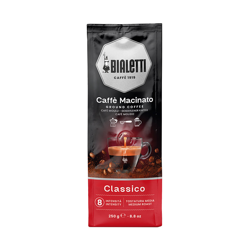 Bialetti Caffè Macinato ground coffee package on a white background. Italian coffee