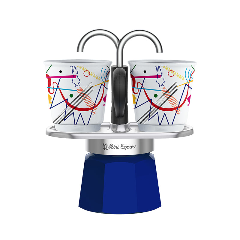 Blue espresso machine with two colorful cups on a white background
italian moka 