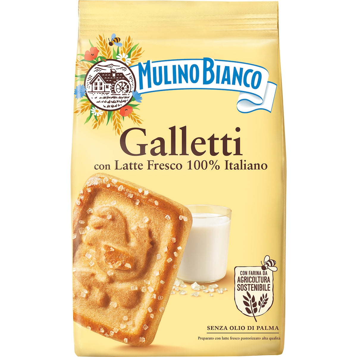 Mulino Bianco Galletti packaging with a cookie and milk,  italian classic cookies 