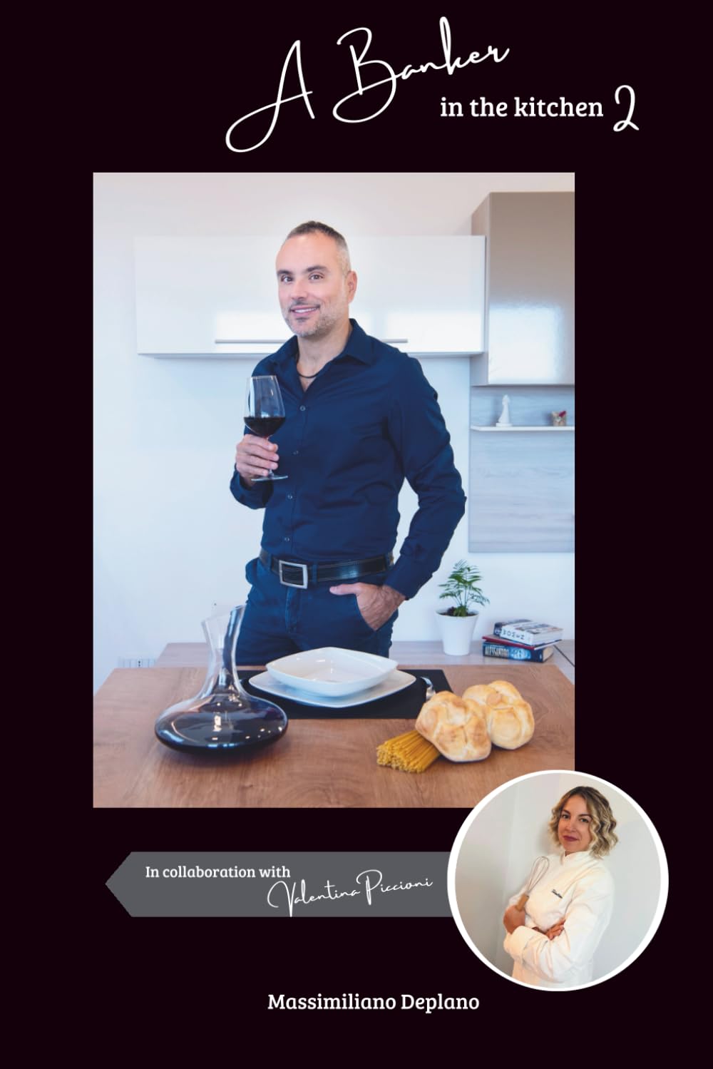 Man in a kitchen holding a decanter with a woman's face in a smaller circle, on a black background. italian cooking book. simple cooking recipe 