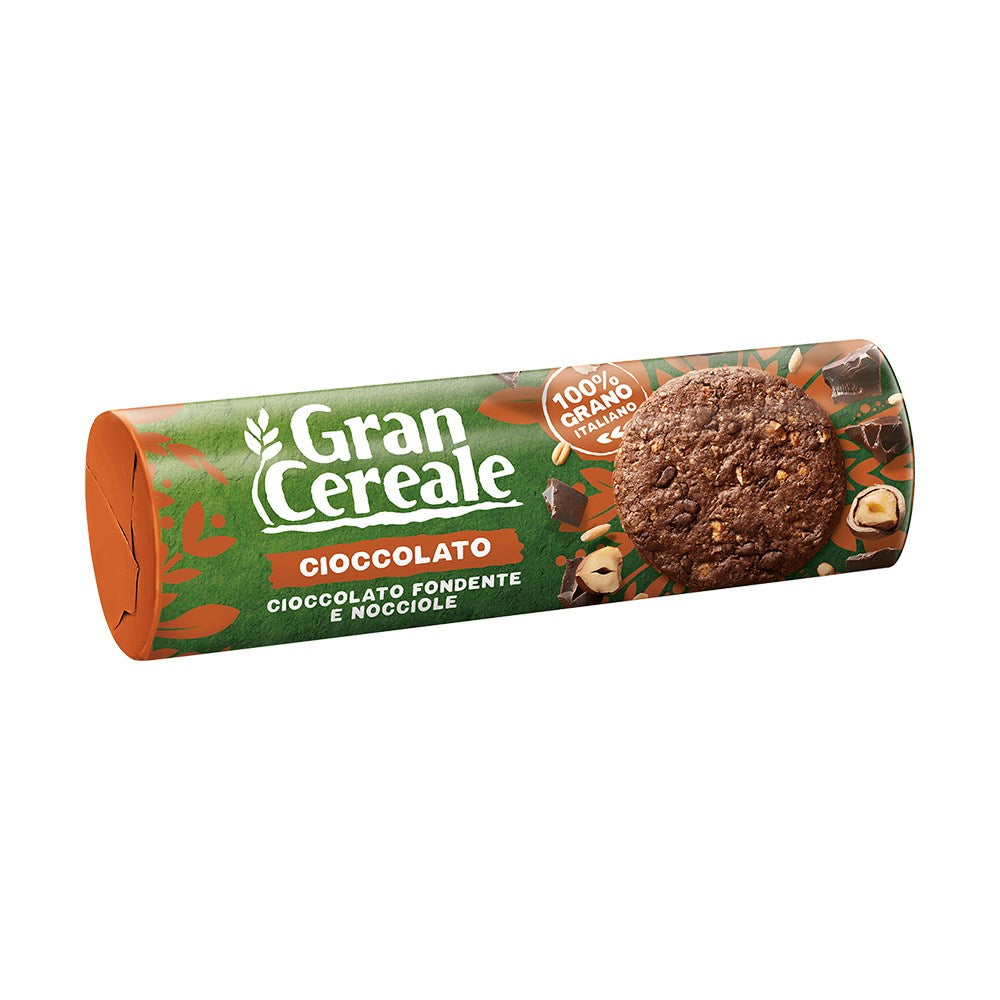 Gran Cereale chocolate cookie tube packaging on a white background Italian food