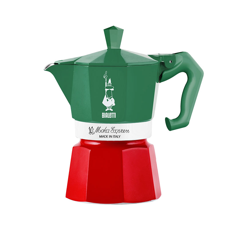 Green and red Moka Express coffee maker with Bialetti logo on a white  ITALIAN MOKA DOLCE ITALIA best moka pot