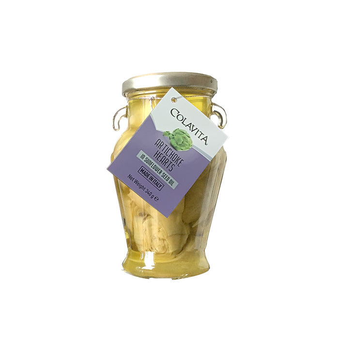 Jar of Colavita artichoke hearts on a white background, italian artichokes australia