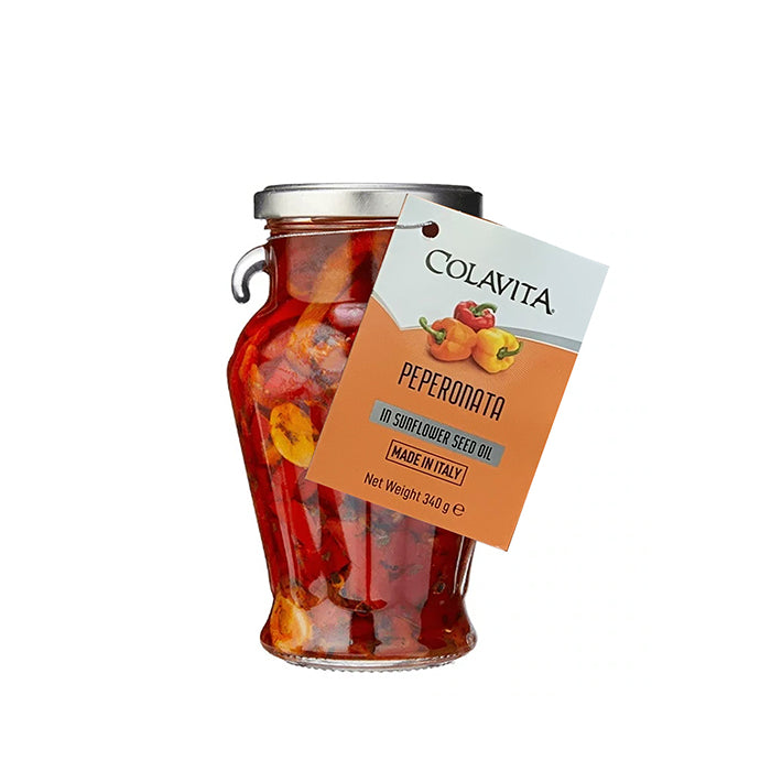 Jar of Colavita Peperonata with a visible label on a white background Sunshine Coast italian food online, italian peperonata