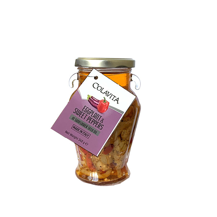 Jar of Colavita eggplant and sweet peppers on a white background Sunshine Coast Queensland italian food online