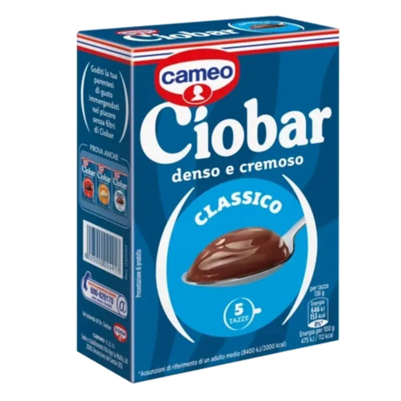 A box of Cameo Ciobar Classico thick and creamy custard, featuring a blue packaging design with white and red branding and a spoonful of chocolate custard on the front.