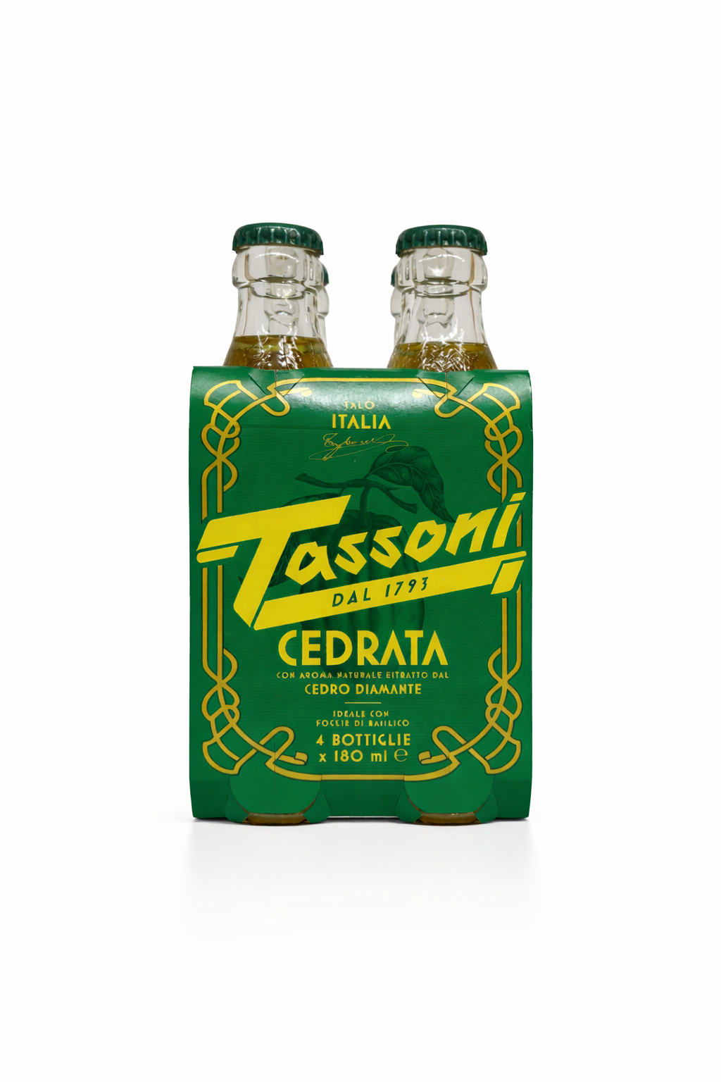 Green packaging for Tassoni Cedrata with four bottles inside. Italian cedrata australia