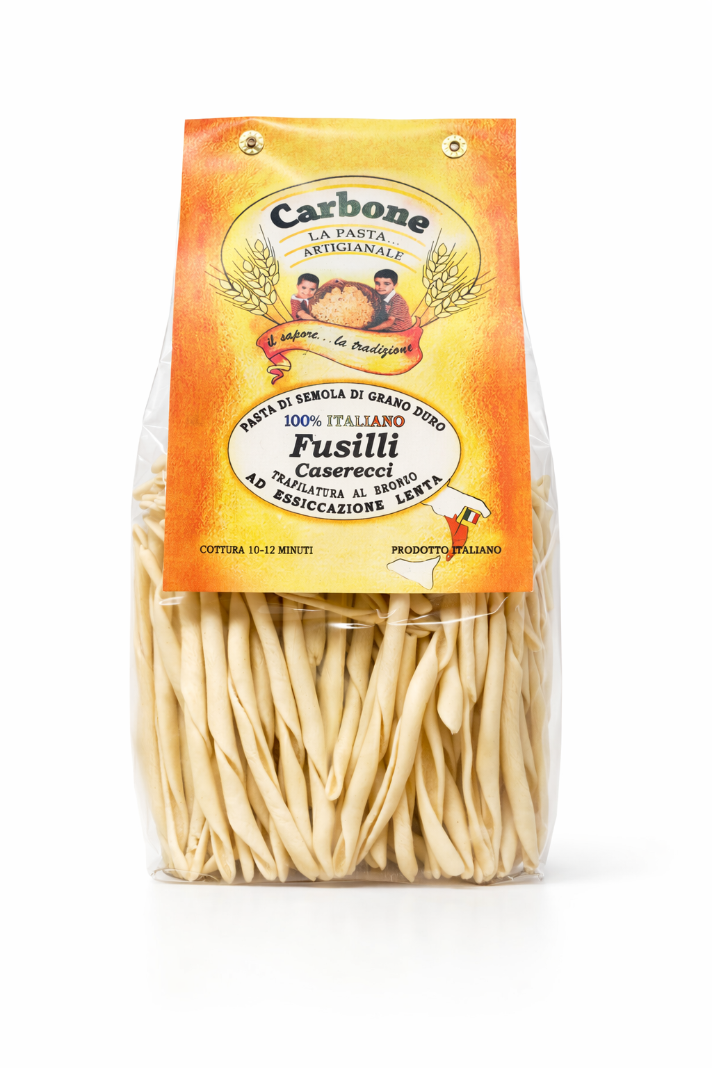 Bag of Carbone Fusilli pasta on a white background. Italian pasta online. premium pasta 