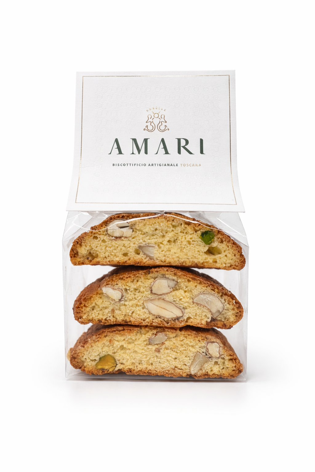 Packaged biscotti with 'Amari' branding on a white background