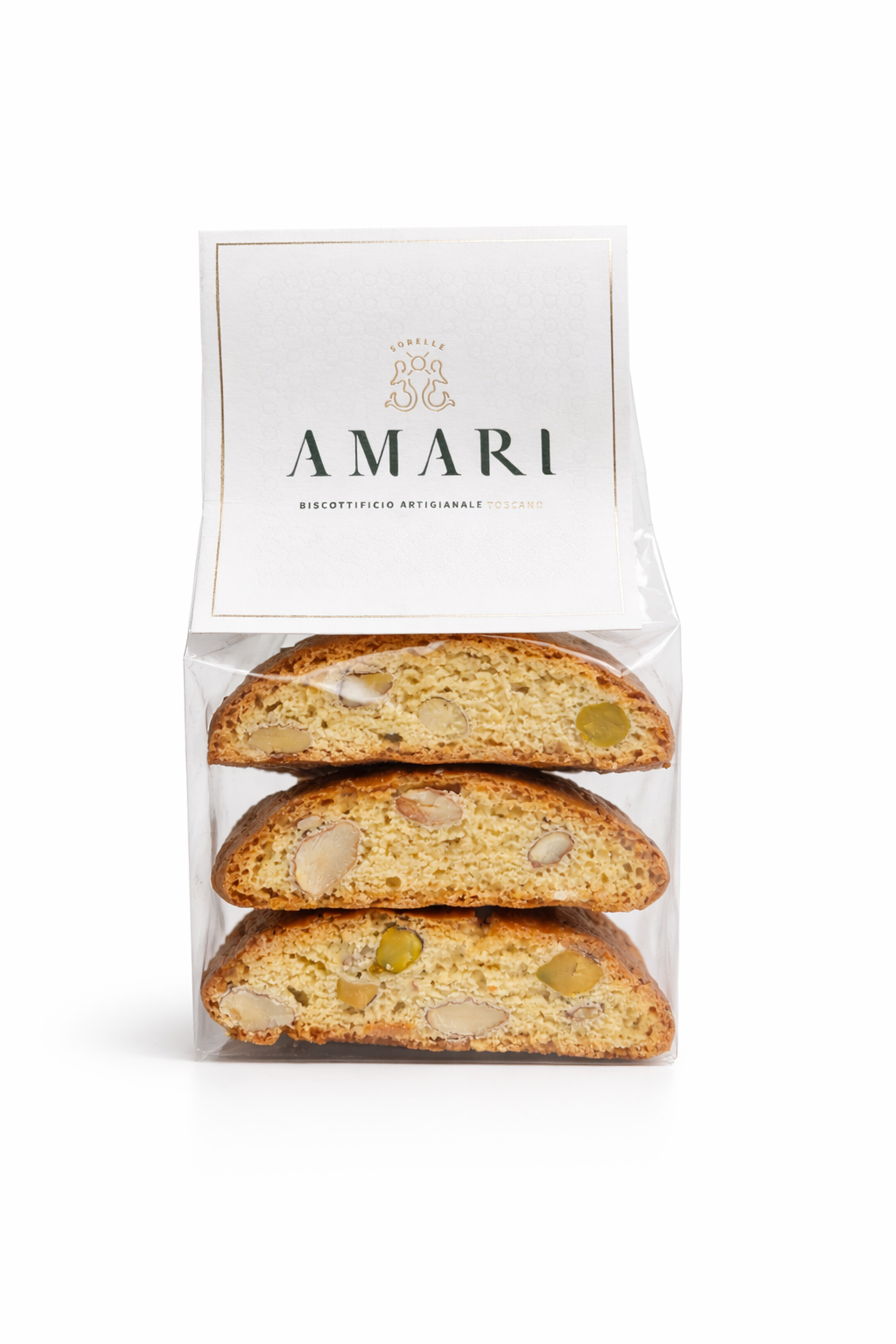 Packaged biscotti with 'Amari' branding on a white background. Italian cantucci cookies

