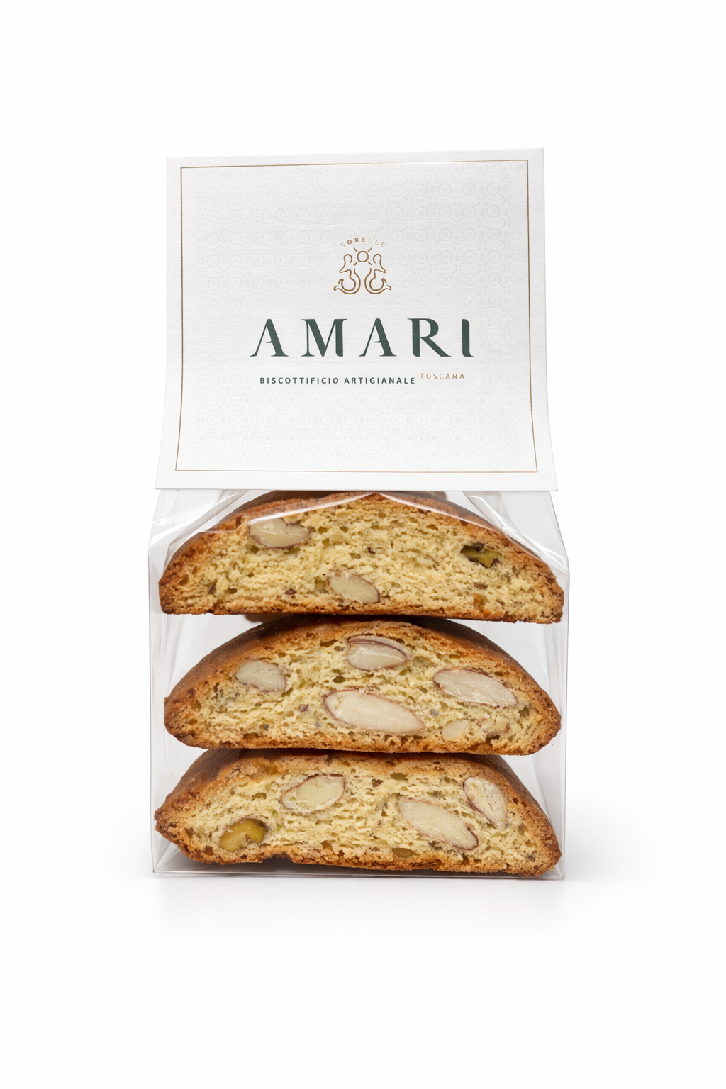 Pack of Amari biscotti with a white box on a white background. italian cantucci cookies