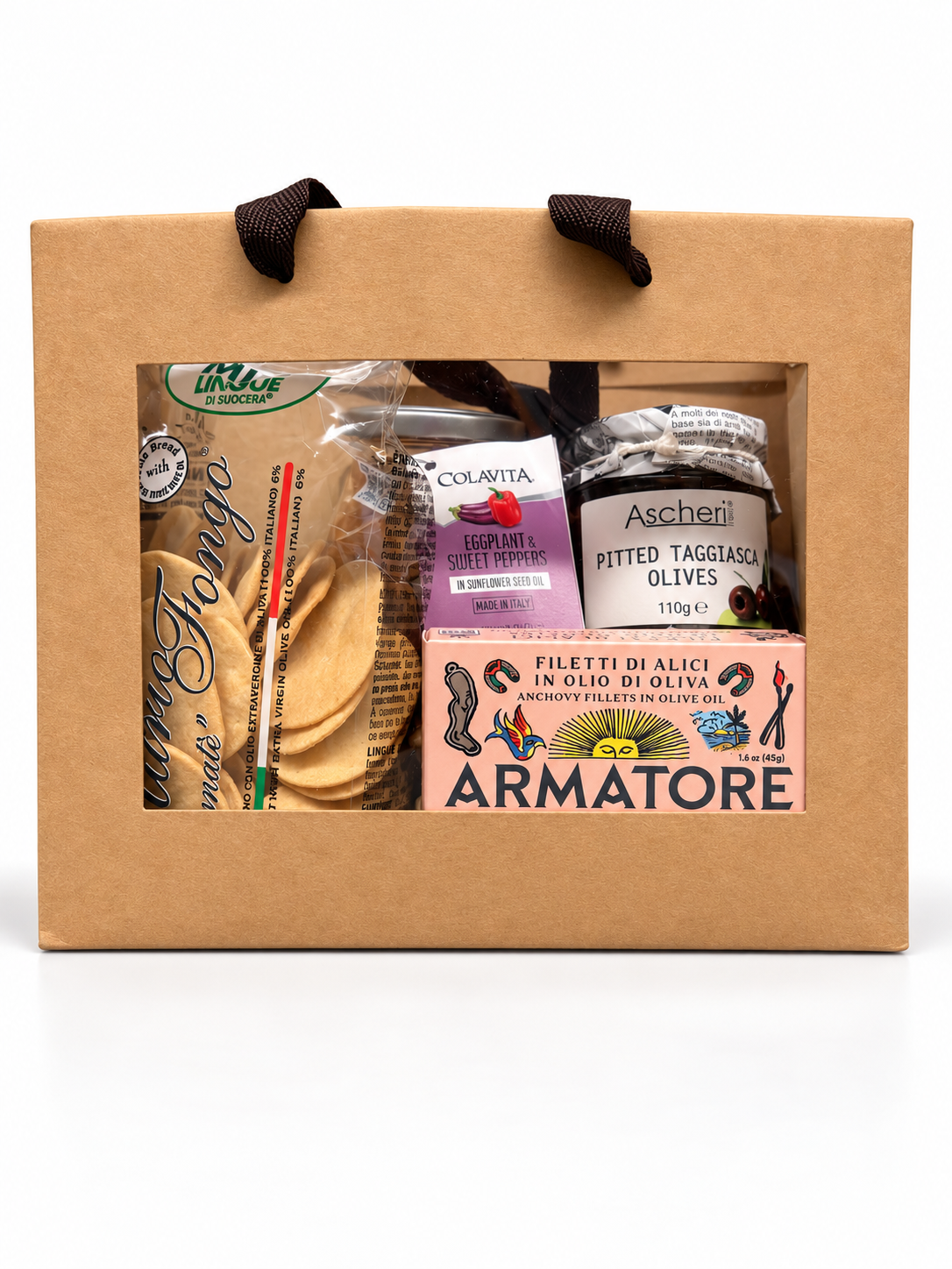 Italian gift set in a brown kraft paper box with a clear window, containing various Italian food items including Colavita olive oil, Ascheni pitted olives, and Filetti di Alicei by Armatore.  italian gourmet gifts australia