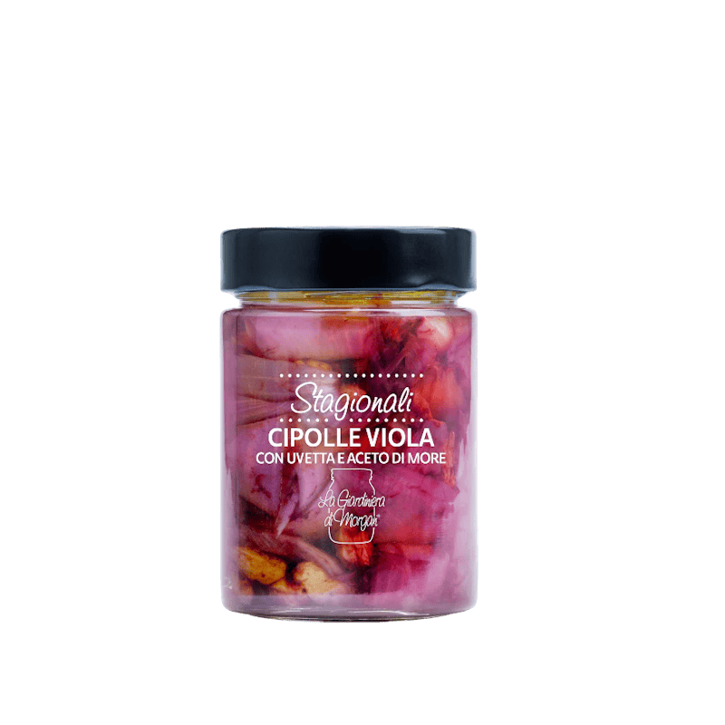 Jar of 'Cipolle Viola' with a black lid on a green background ITALIAN GOURMET FOOD