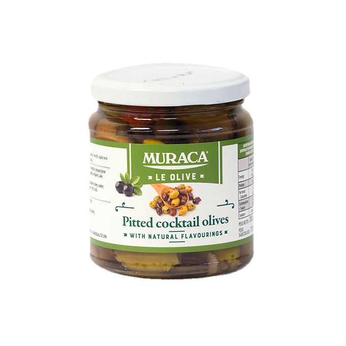 Jar of Muraca pitted cocktail olives on a white background. Italian olive