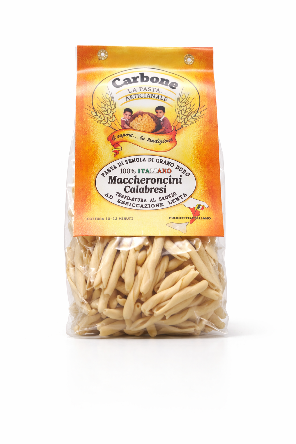 Bag of Carbone Maccheroni Calabresi pasta on a white background. Italian pasta online. Gourmet pasta i
