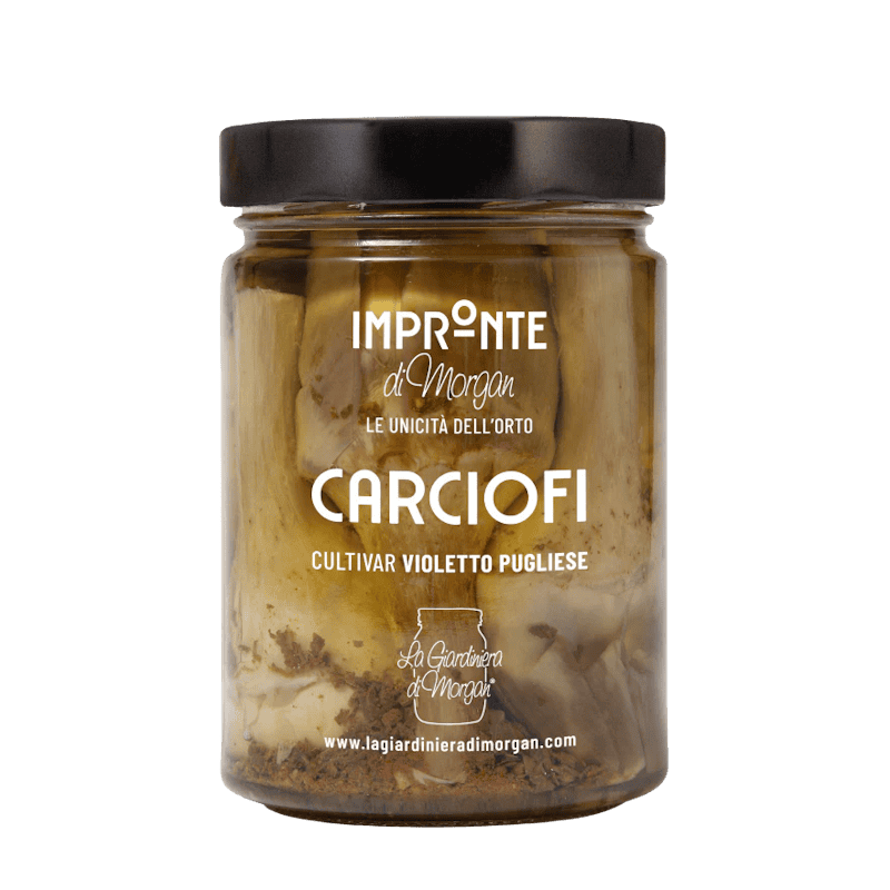 Jar of artichokes with 'Impronte di Morgan' label on a white background gourmet italian food Sunshine Coast Italian gifts