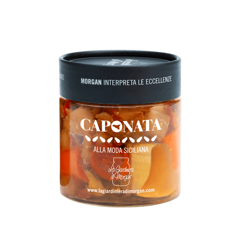 Jar of Caponata with a dark lid on a green background italian food speciality food gourmet made in Italy Sunshine Coast queensland
