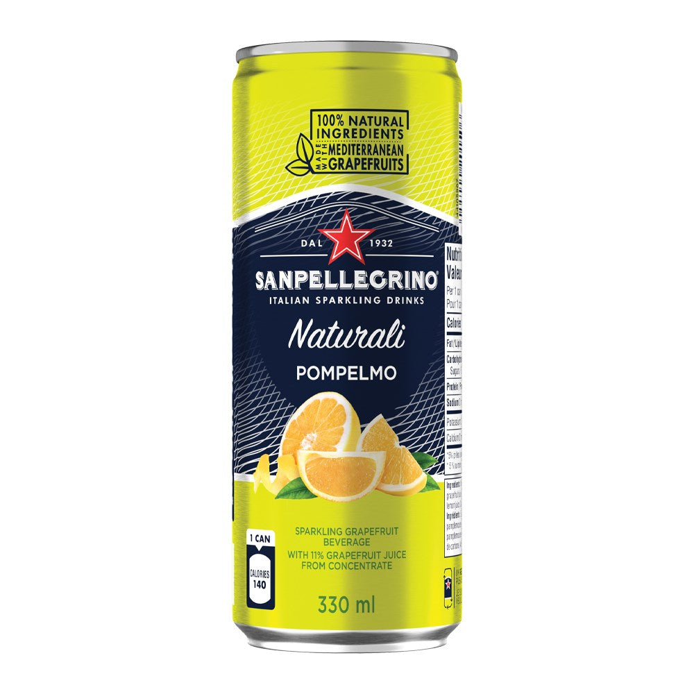 Sanpellegrino Naturali Pomelmo can on a white background. Italian drinks