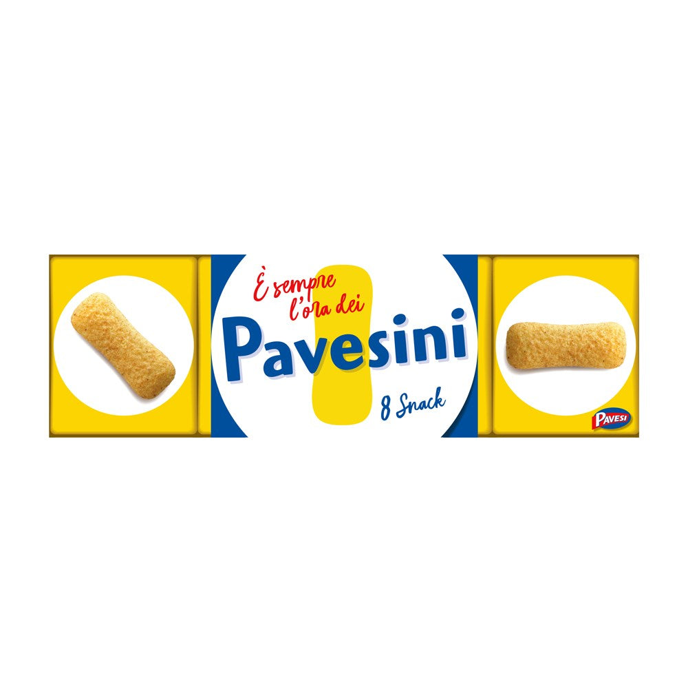 Pavesini snack packaging with yellow and blue design on a white background