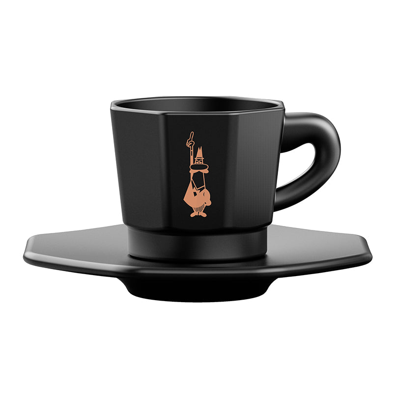 Black coffee cup and saucer with a design on a white background> Italian espresso cup set