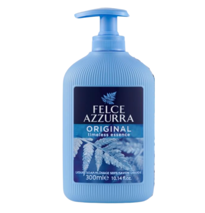 Blue bottle of Felce Azzurra liquid soap on a white background