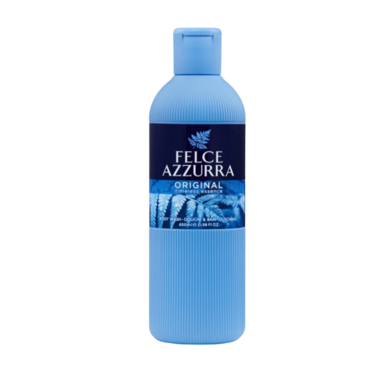 Blue bottle of Felce Azzurra on a white background