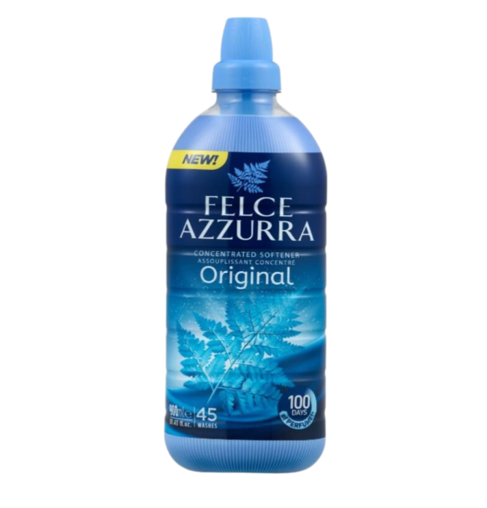 Blue bottle of Felce Azzurra laundry softener on a white background