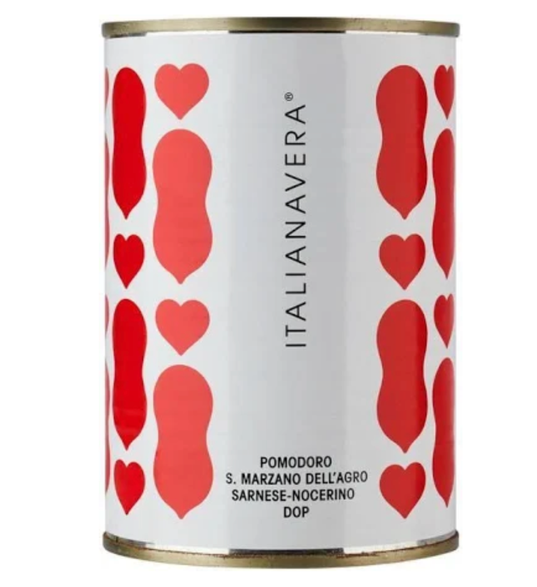 Can with red heart patterns and 'ItalianaVera' branding on a white background