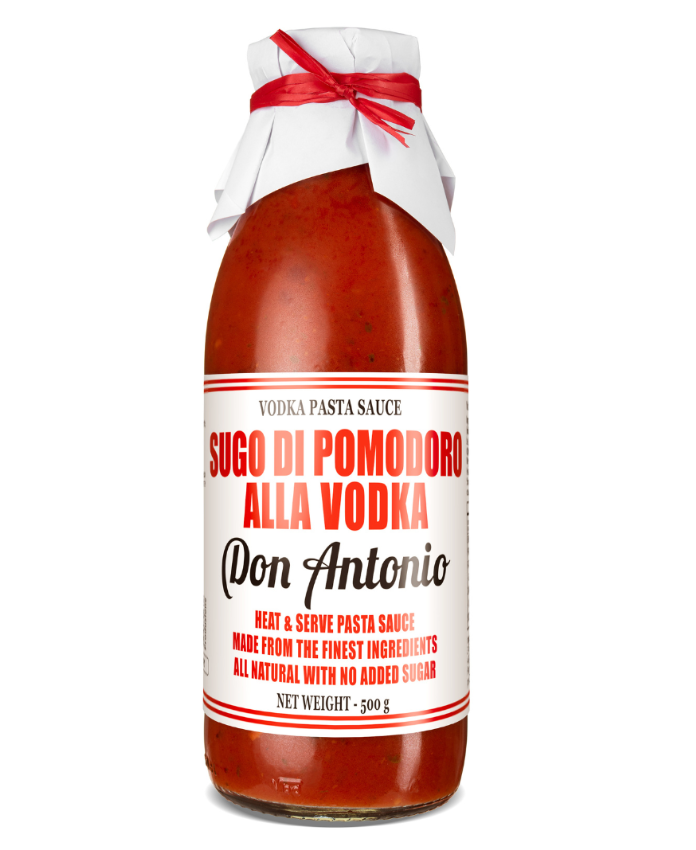 Bottle of Don Antonio Sugo Di Pomodoro Alla Vodka pasta sauce on a white background