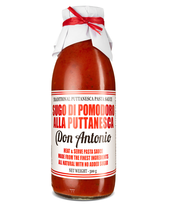Bottle of Don Antonio Puttanesca pasta sauce on a white background