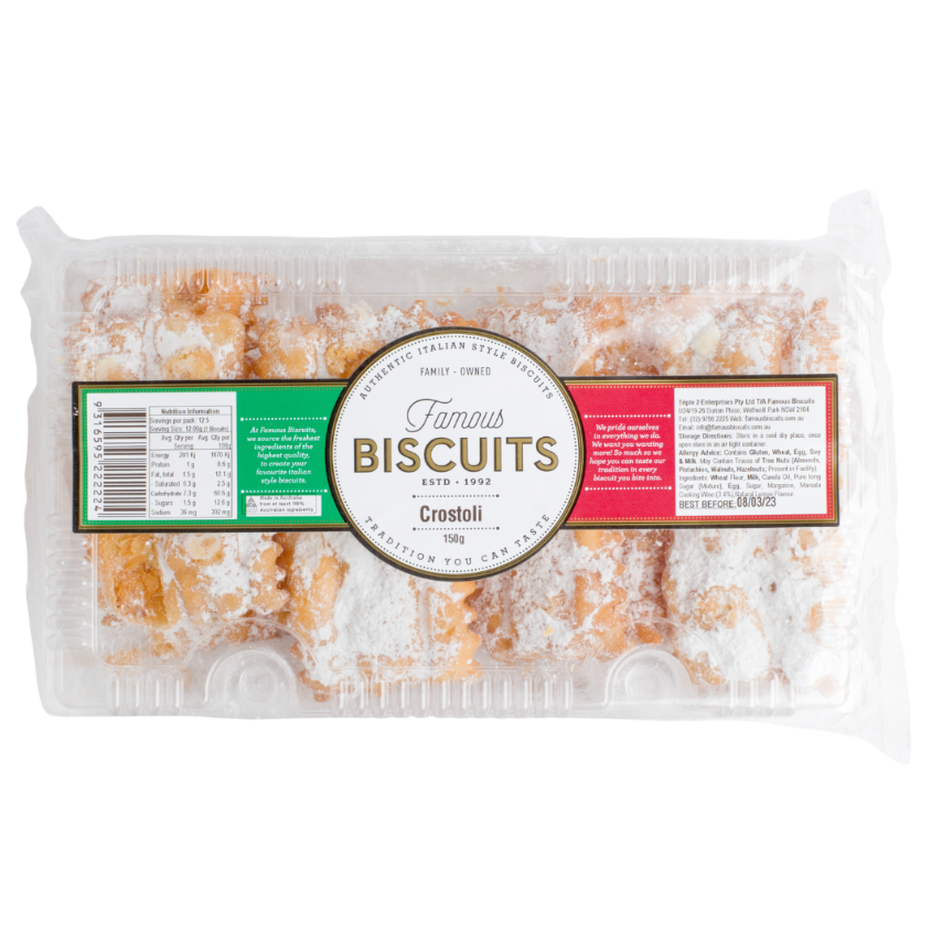 Packaged cookies with 'Famous Biscuits' branding on a white background