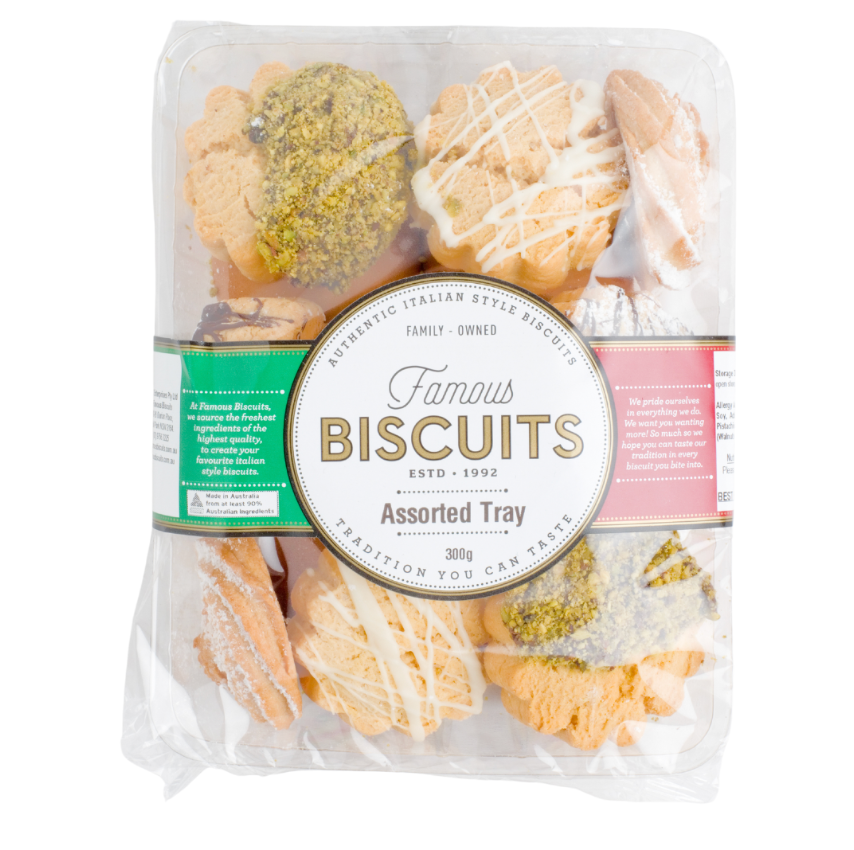 Packaged assorted biscuits with a visible brand label on a white background