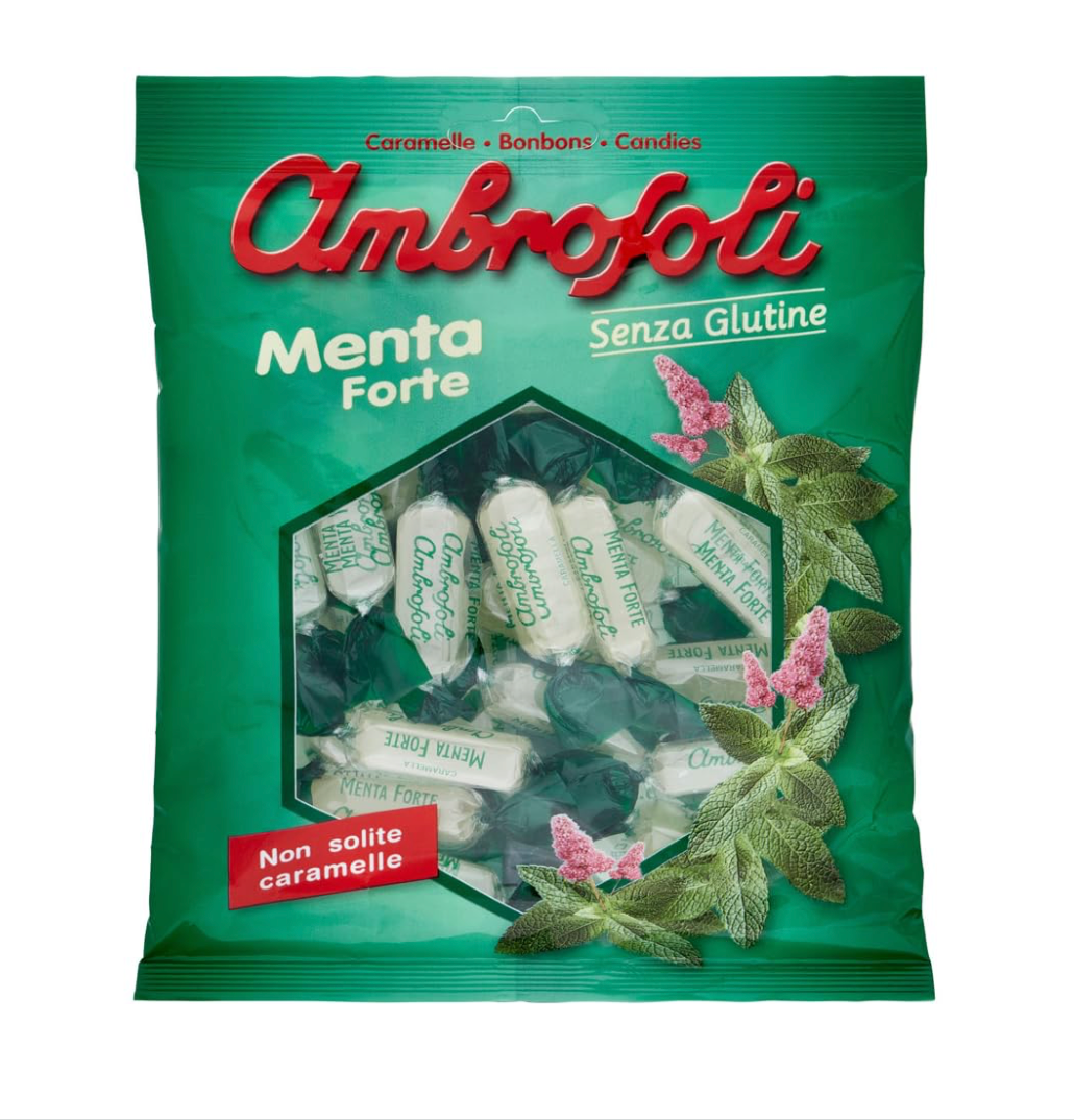 Green package of Ambrofoli Menta Forte candies with red text on a white background