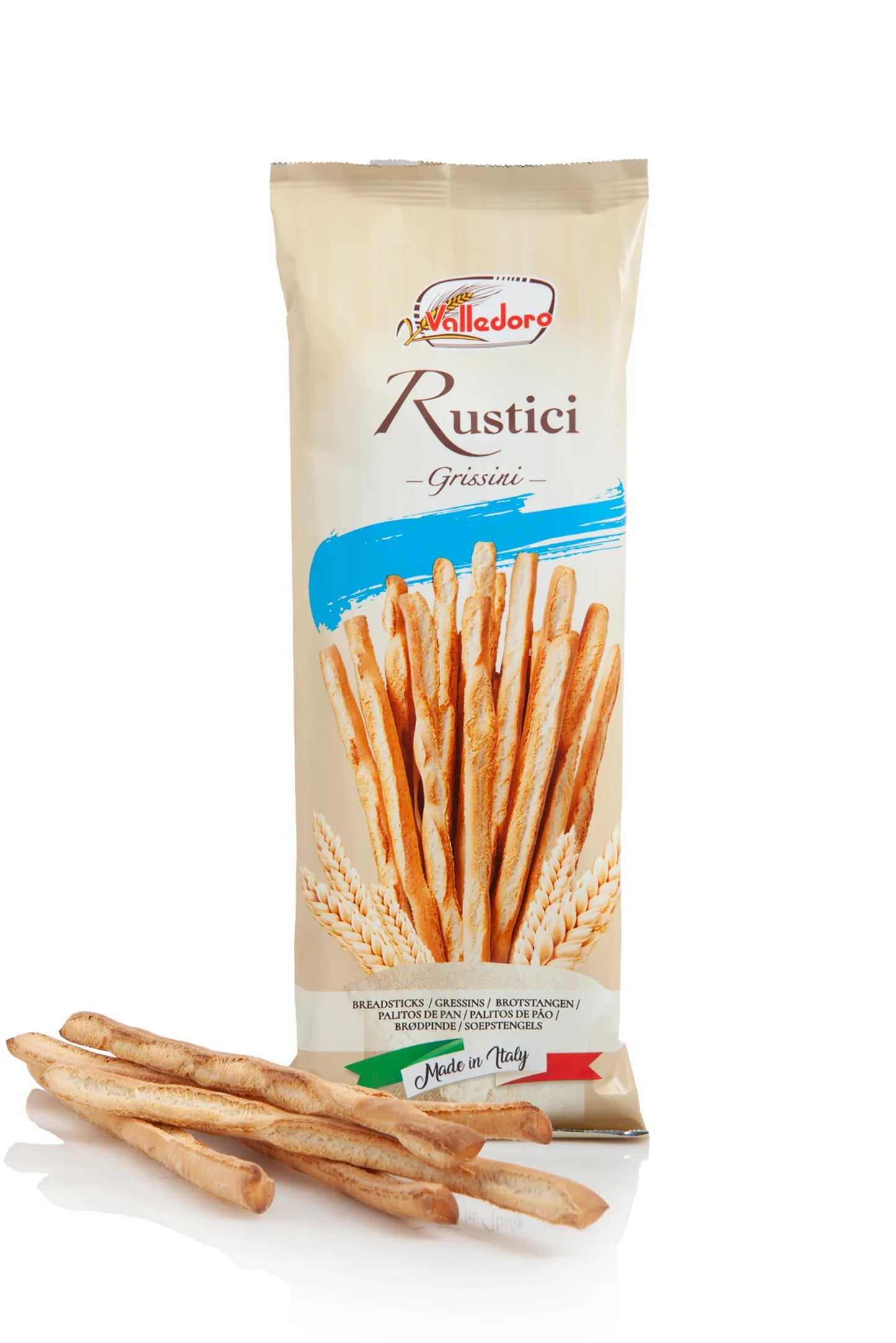 Packaged grissini with a visible brand logo on a white background. Italian grissini. Italian Breadstick