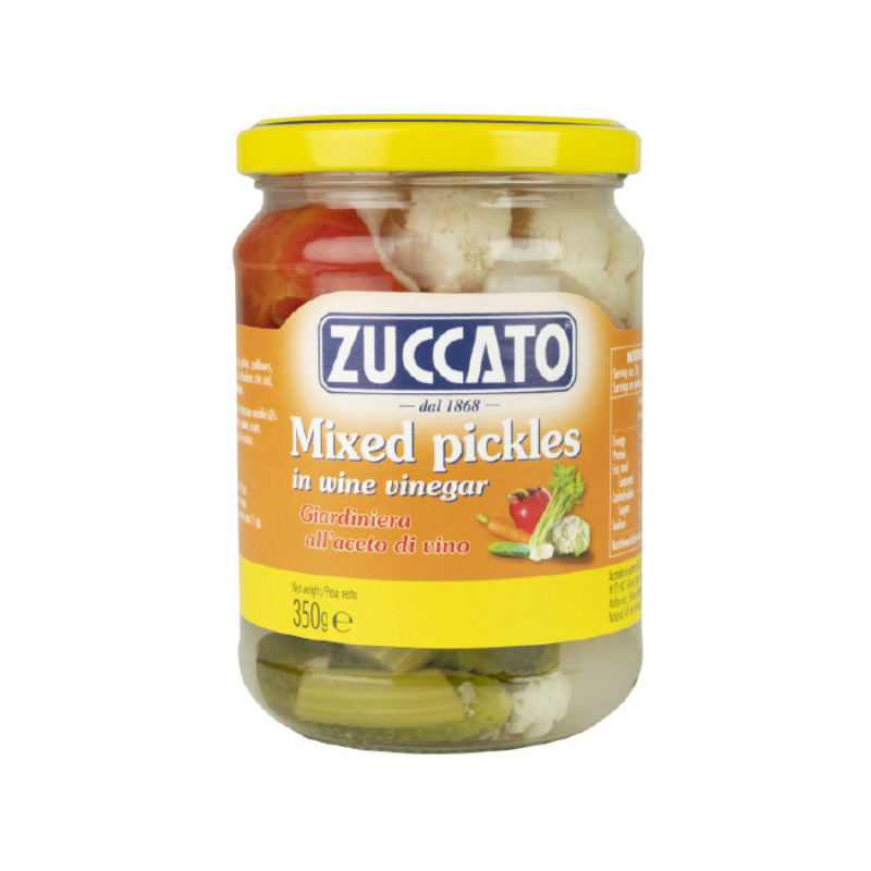 Jar of Zuccato mixed pickles on a white background. Italian pickled veggie australia