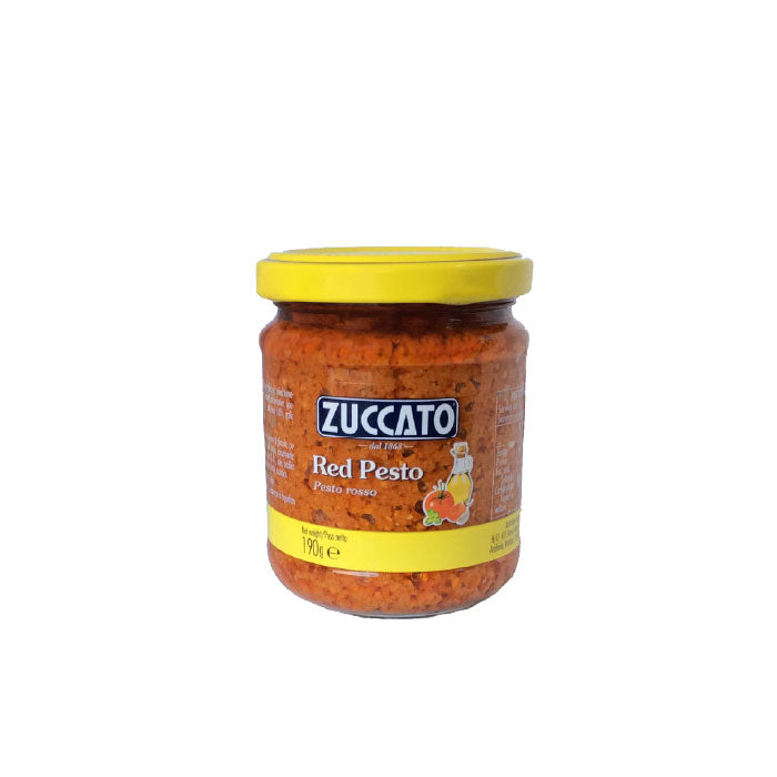 Jar of Zuccato Red Pesto on a white background. italian pesto 