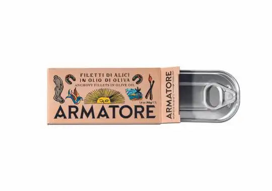 Armatore brand packaging with a clear container on a white background. Italian Alici, italian anchovy