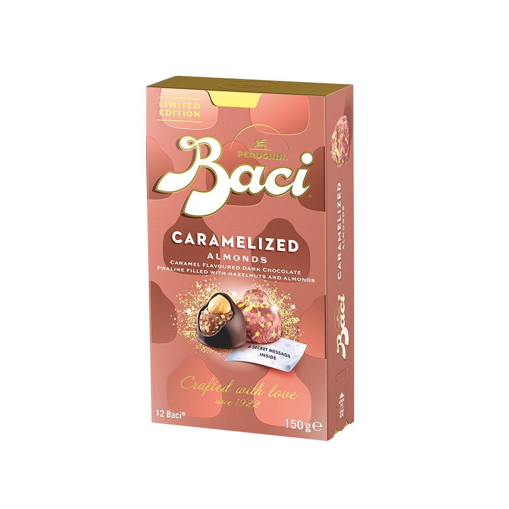 Box of Baci caramelized almonds chocolate on a white background