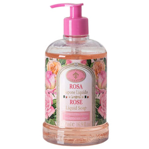 Bottle of Rosa liquid soap with a pink pump on a white background