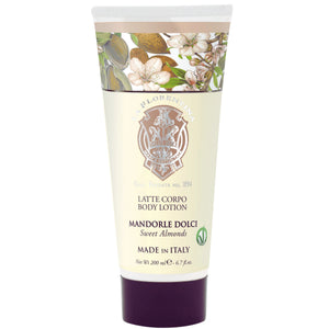 Body lotion tube with floral design and brand logo on a white background. Italian body lotion. Italian organic cream 