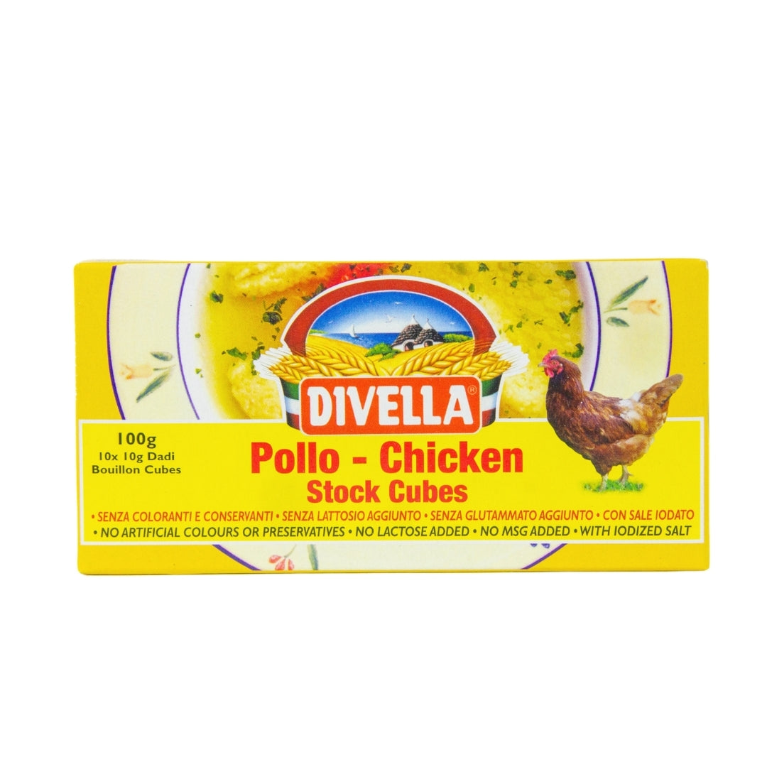 Box of Divella Pollo-Chicken Stock Cubes on a white background. Italian chicken stock