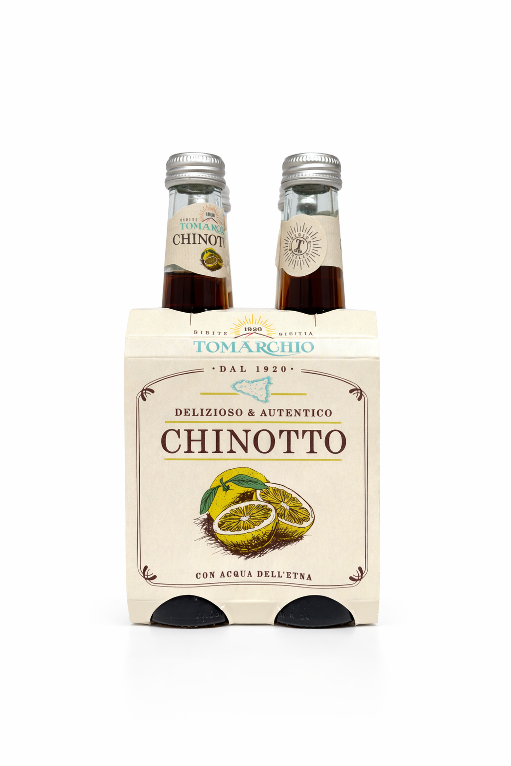 Two bottles of Chinotto in a decorative box with branding on a white background