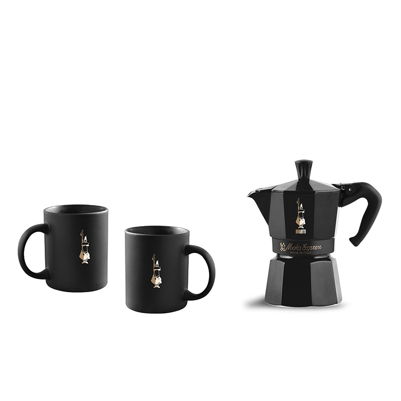 Black coffee maker and two mugs with a logo on a white background
best italian moka