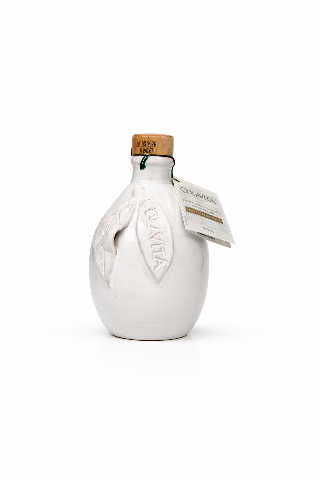 White ceramic olive oil bottle with cork stopper. Italian olive oil