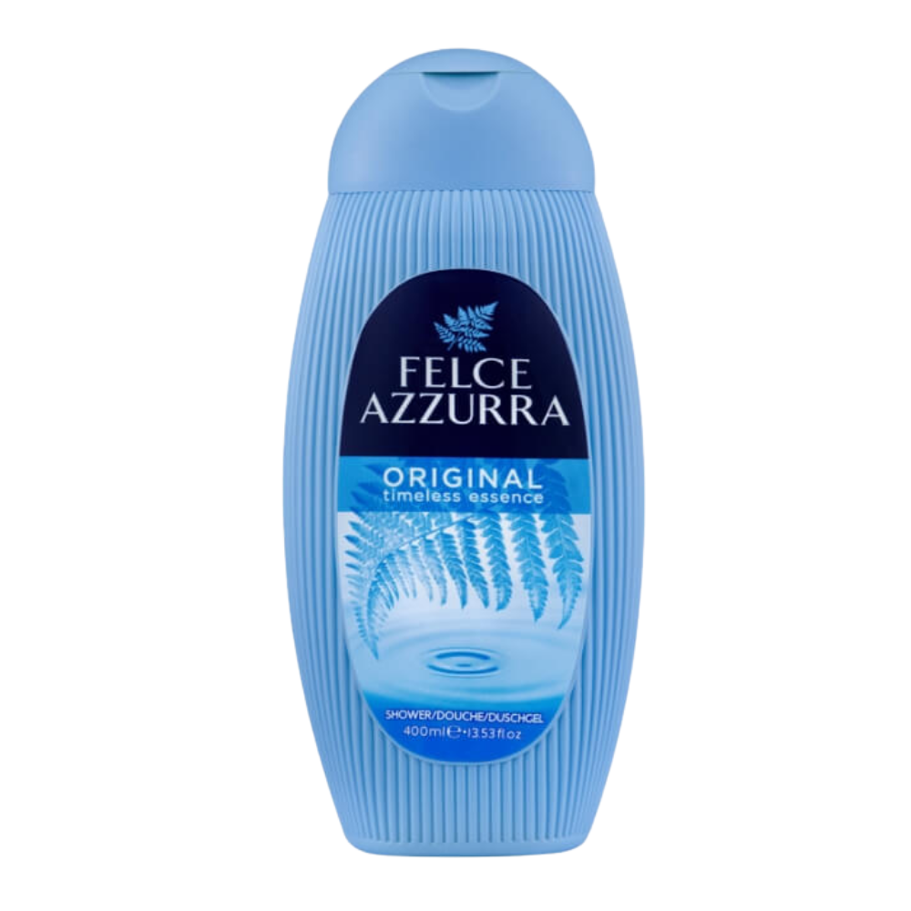 Blue Felce Azzurra shower gel bottle on a white background. italian fragrance australia
