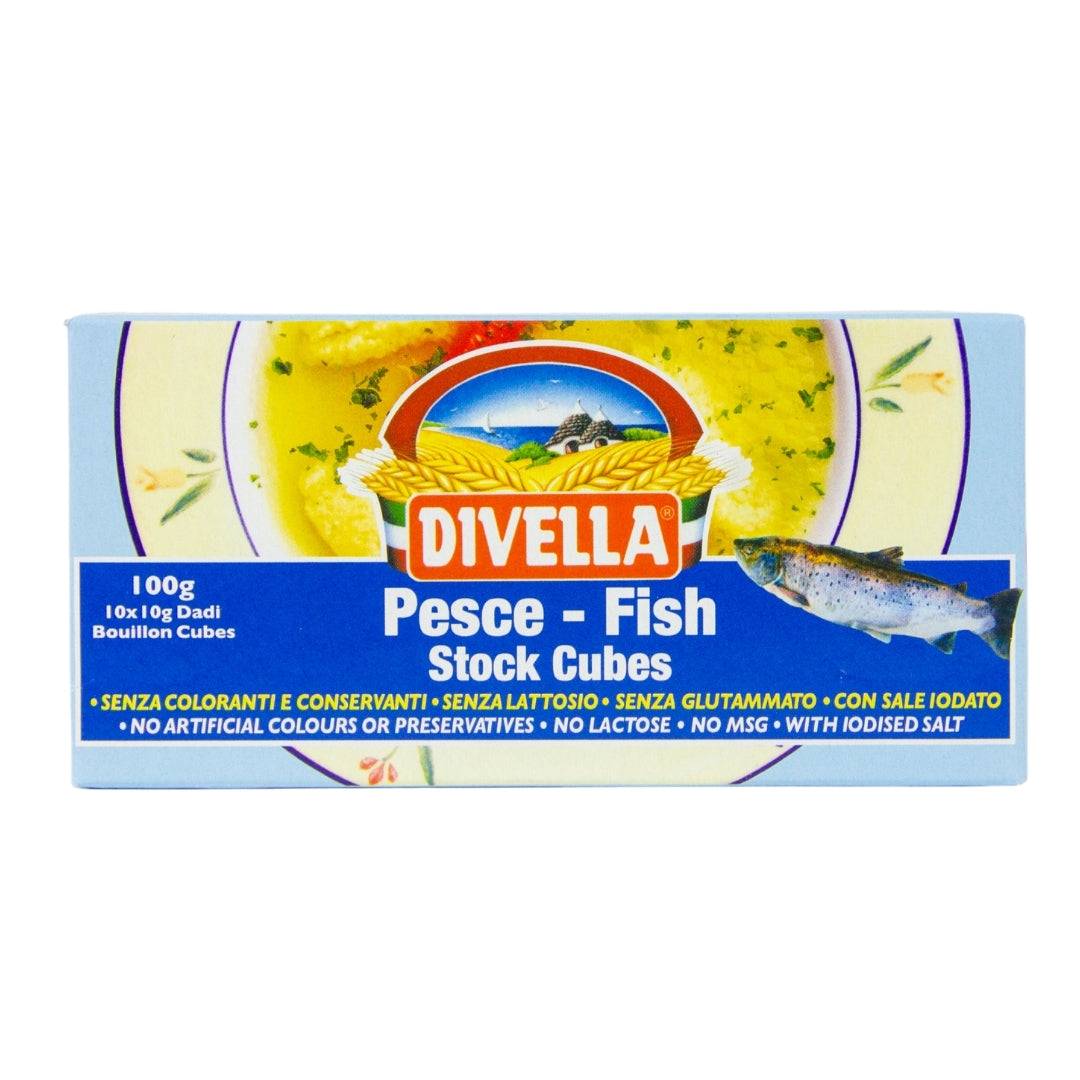 Box of Divella Fish Stock Cubes with branding and product details on a white background. Italian fish stock online