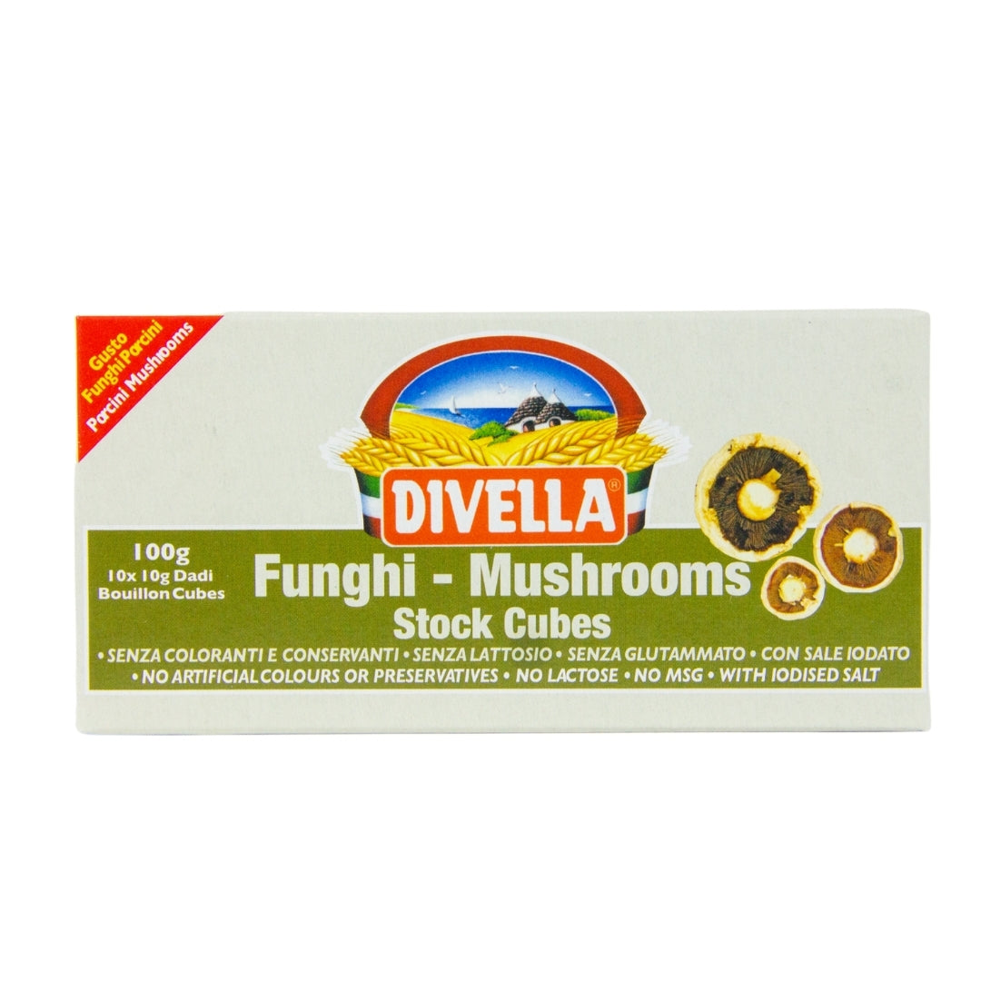 Box of Divella Funghi (Mushrooms) Stock Cubes on a white background. Italian stock australia