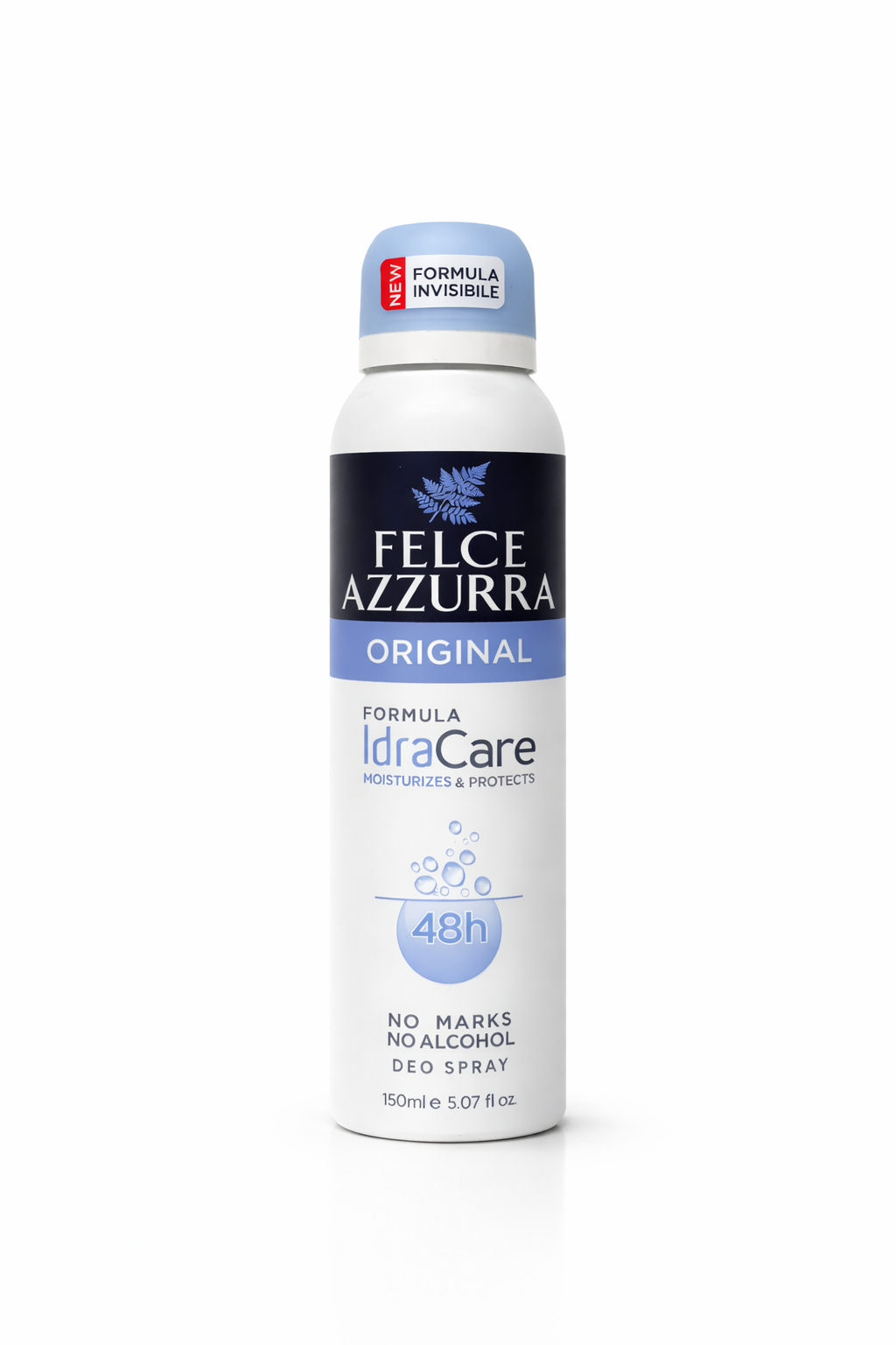 Felce Azzurra deodorant spray bottle on a white background. Italian deodorant