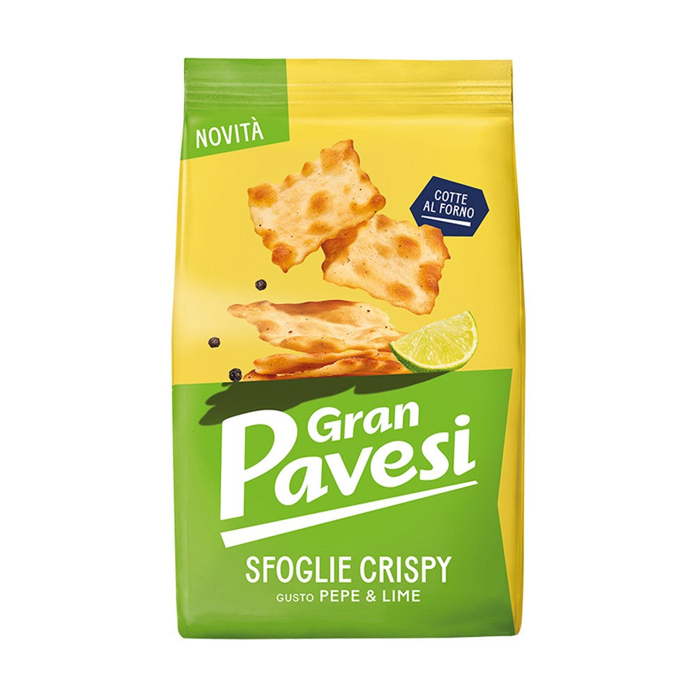 Gran Pavesi Sfoglie Crispy packaging with yellow and green design, featuring crackers and a lime.